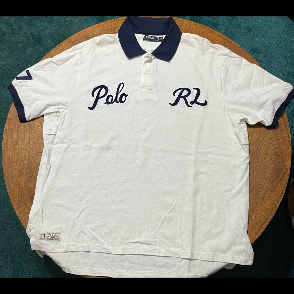 Polo Ralph Lauren Shirt Size 2XL XXL Men White/blue trim/lettering Short Sleeve